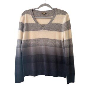 Amicale 100% Cashmere Ombre Striped V-Neck Sweater Soft Luxe Gradient Knit M
